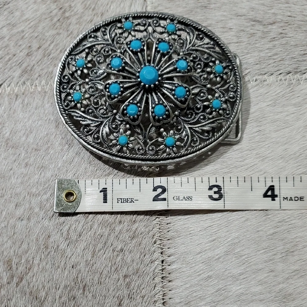 Western Silver and Turquoise Ornate Belt Buckle Rodeo Cowgirl Country Thunder